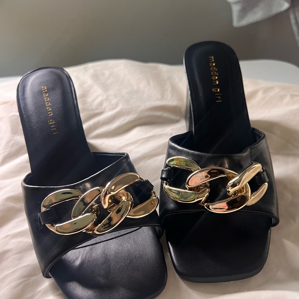 Madden Girl Black and Gold Mules with Chain Detail